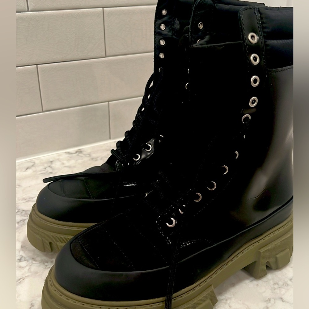 Ganni leather combat boots w/ olive green chunky sole